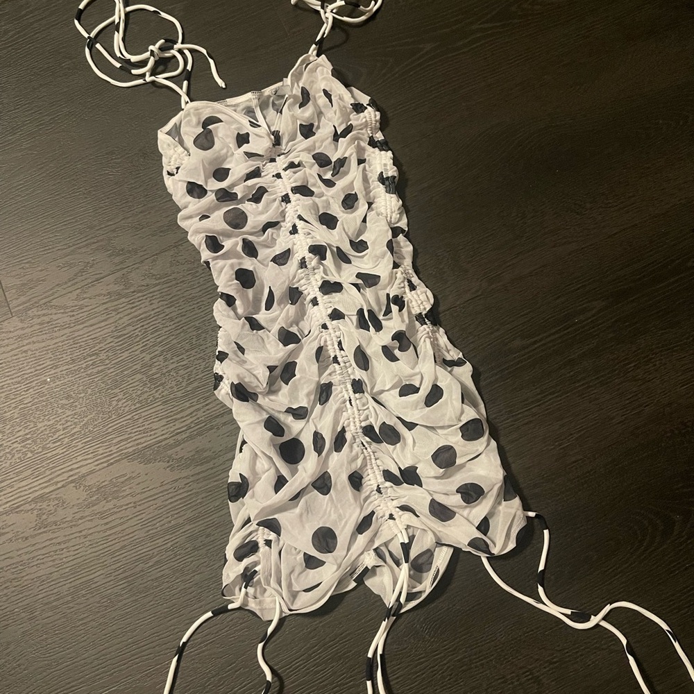 For Love & Lemons White & Black Polka Dot Ruched Coverup Dress - SIZE: XS